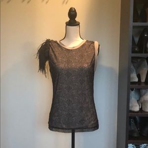 Sleeveless Lace overlay Feathered Sleeve Top